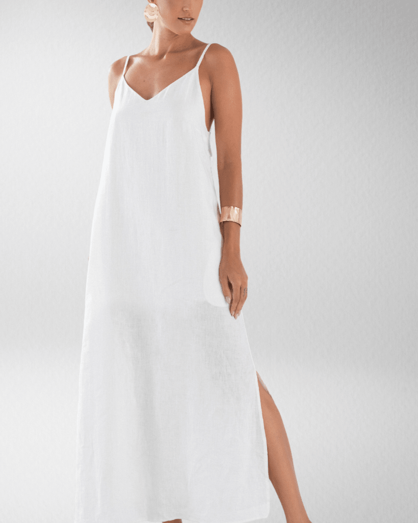 Vestido Longo em Linho com Alças Finas FLUIR - Villa Dharma Rouparia Consciente