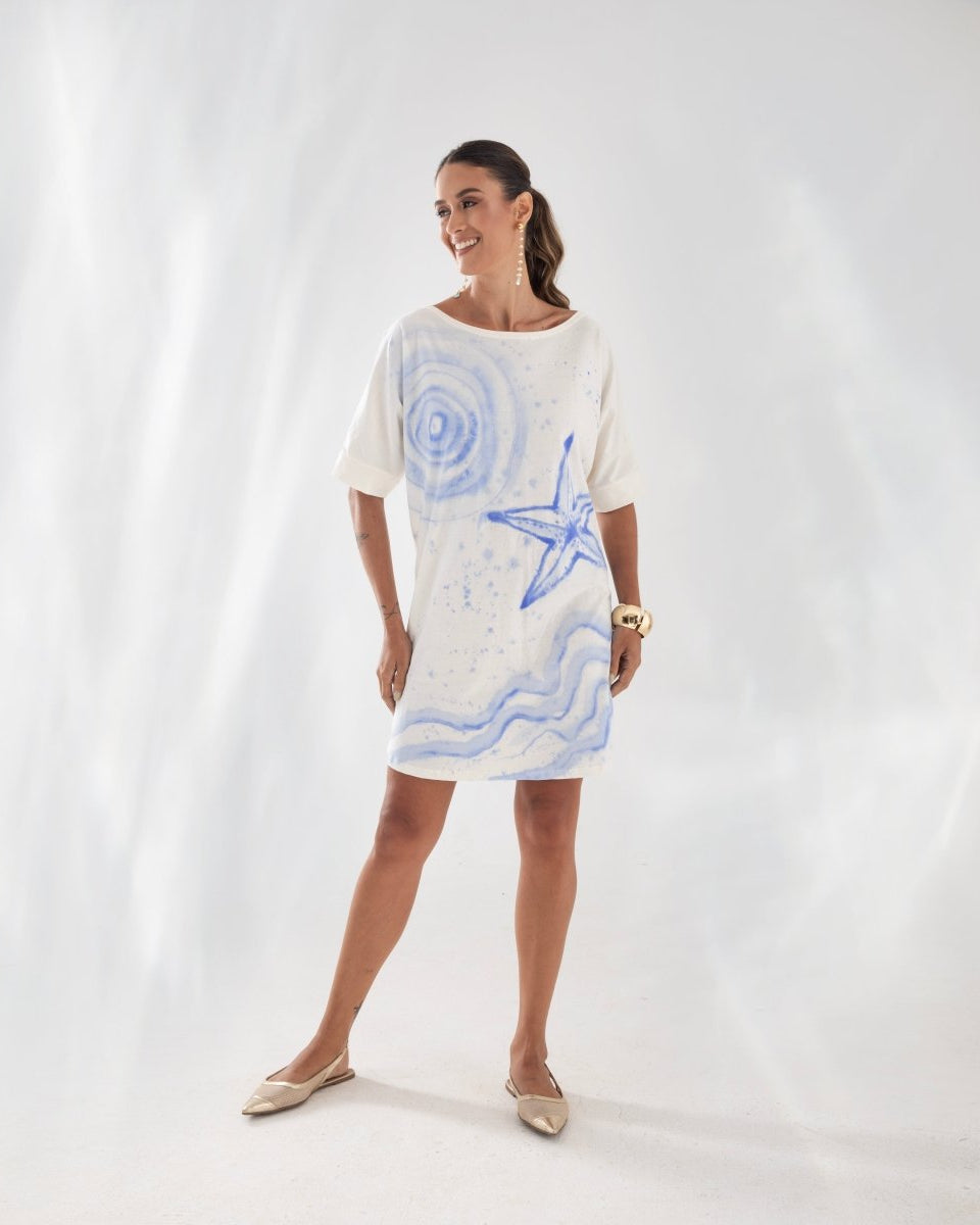 Maxi Vestido em Algodão Orgânico Pintado à Mão OCEANO - Villa Dharma Rouparia Consciente
