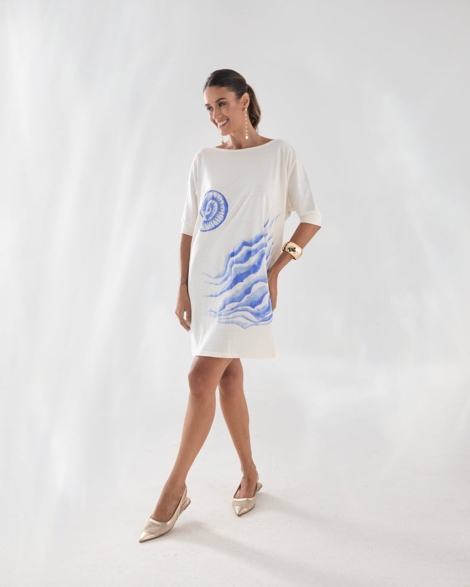 Maxi Vestido em Algodão Orgânico Pintado à Mão OCEANO - Villa Dharma Rouparia Consciente