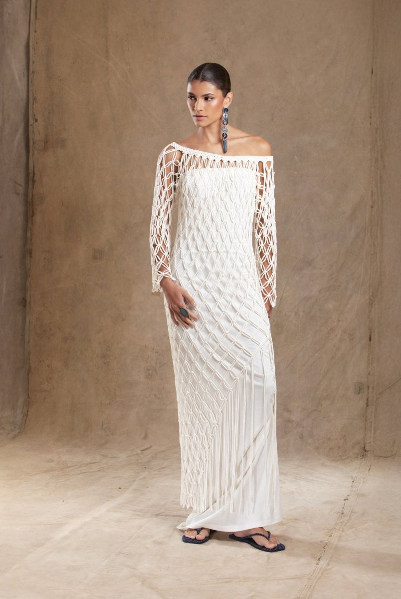 Vestido Longo Malha de Algodão Orgânico Sobreposição Macramê ENTRENÓS - Villa Dharma Rouparia Consciente