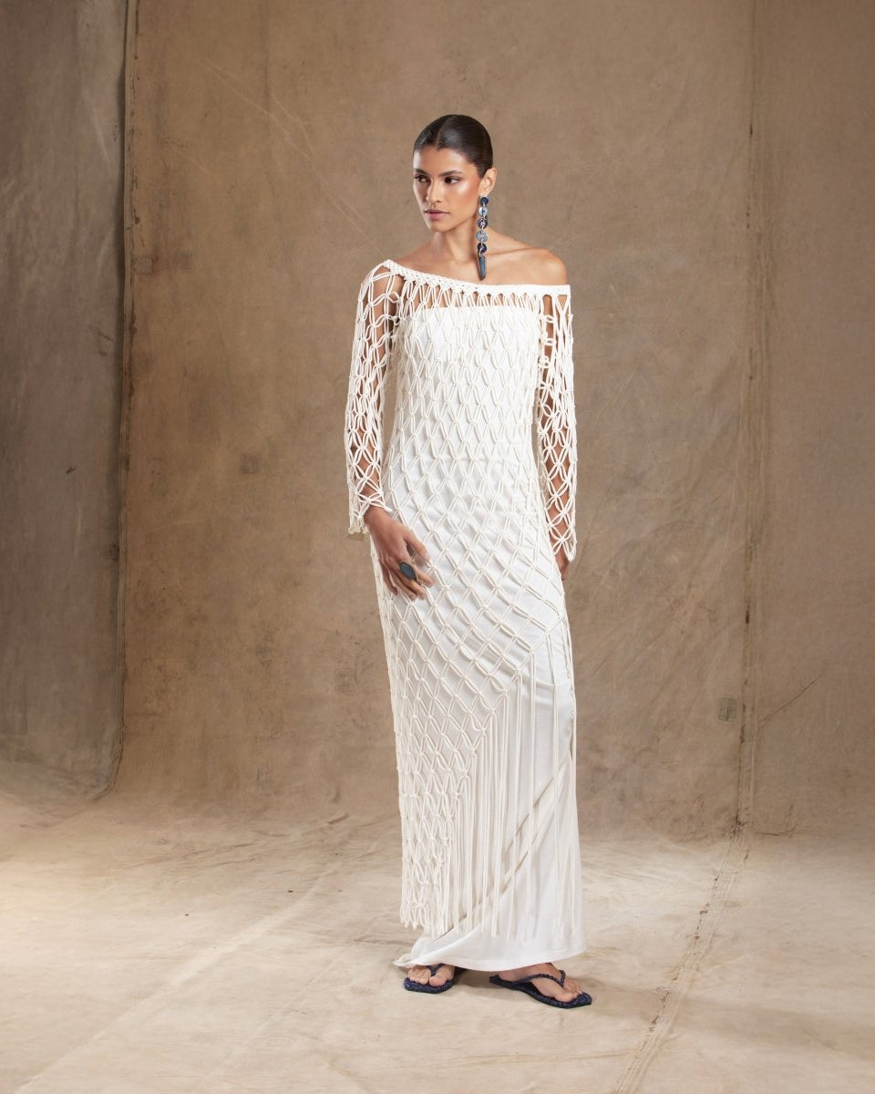 Vestido Longo Malha de Algodão Orgânico Sobreposição Macramê ENTRENÓS - Villa Dharma Rouparia Consciente