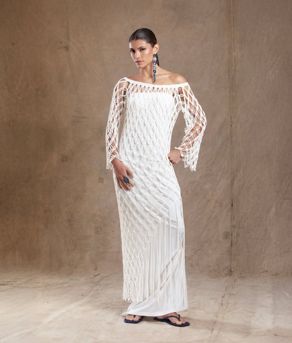 Vestido Longo Malha de Algodão Orgânico Sobreposição Macramê ENTRENÓS - Villa Dharma Rouparia Consciente
