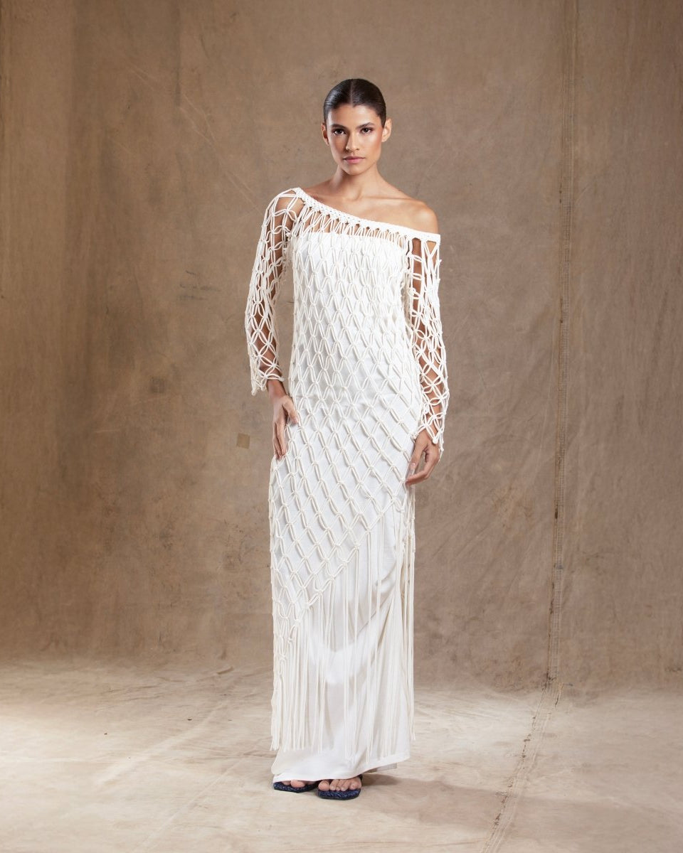 Vestido Longo Malha de Algodão Orgânico Sobreposição Macramê ENTRENÓS - Villa Dharma Rouparia Consciente
