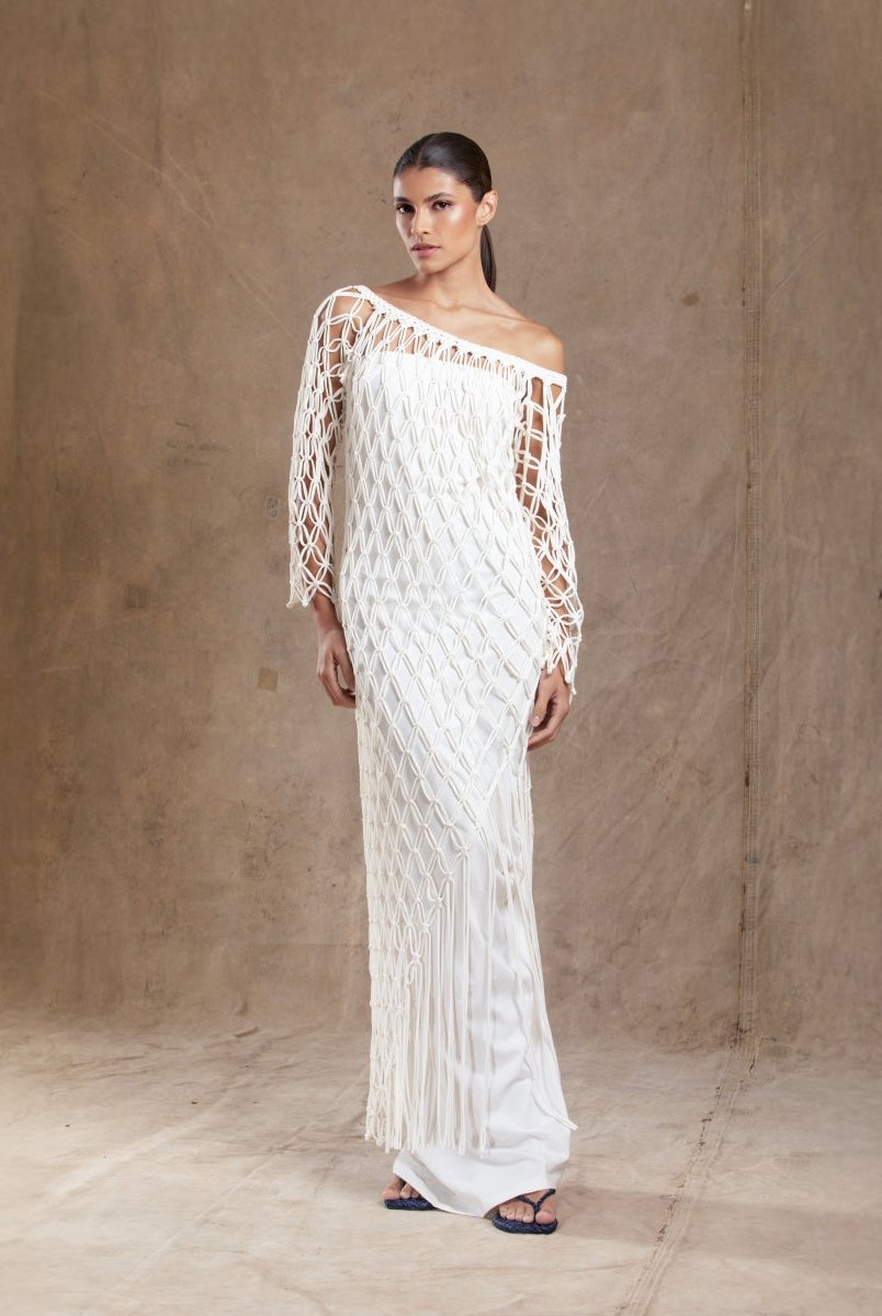 Vestido Longo Malha de Algodão Orgânico Sobreposição Macramê ENTRENÓS - Villa Dharma Rouparia Consciente