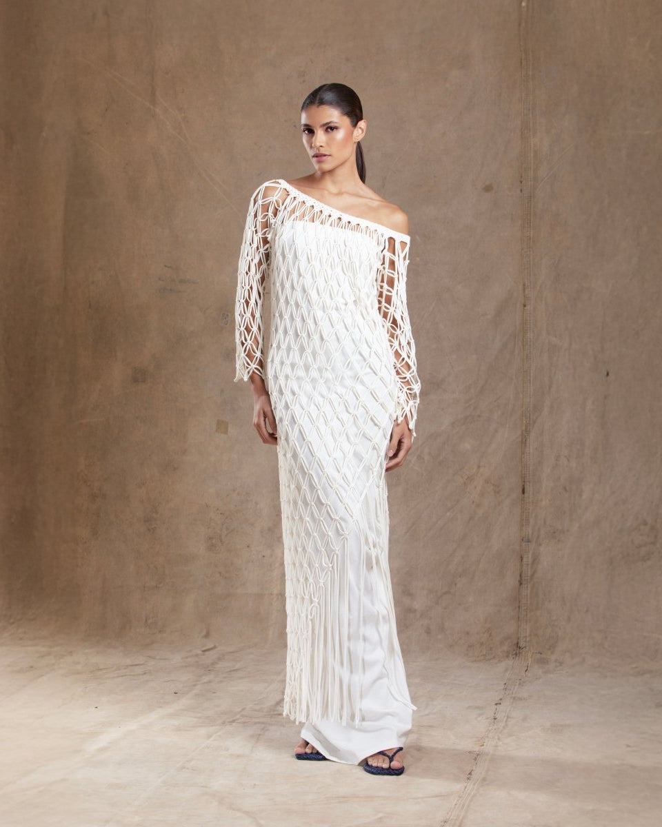 Vestido Longo Malha de Algodão Orgânico Sobreposição Macramê ENTRENÓS - Villa Dharma Rouparia Consciente