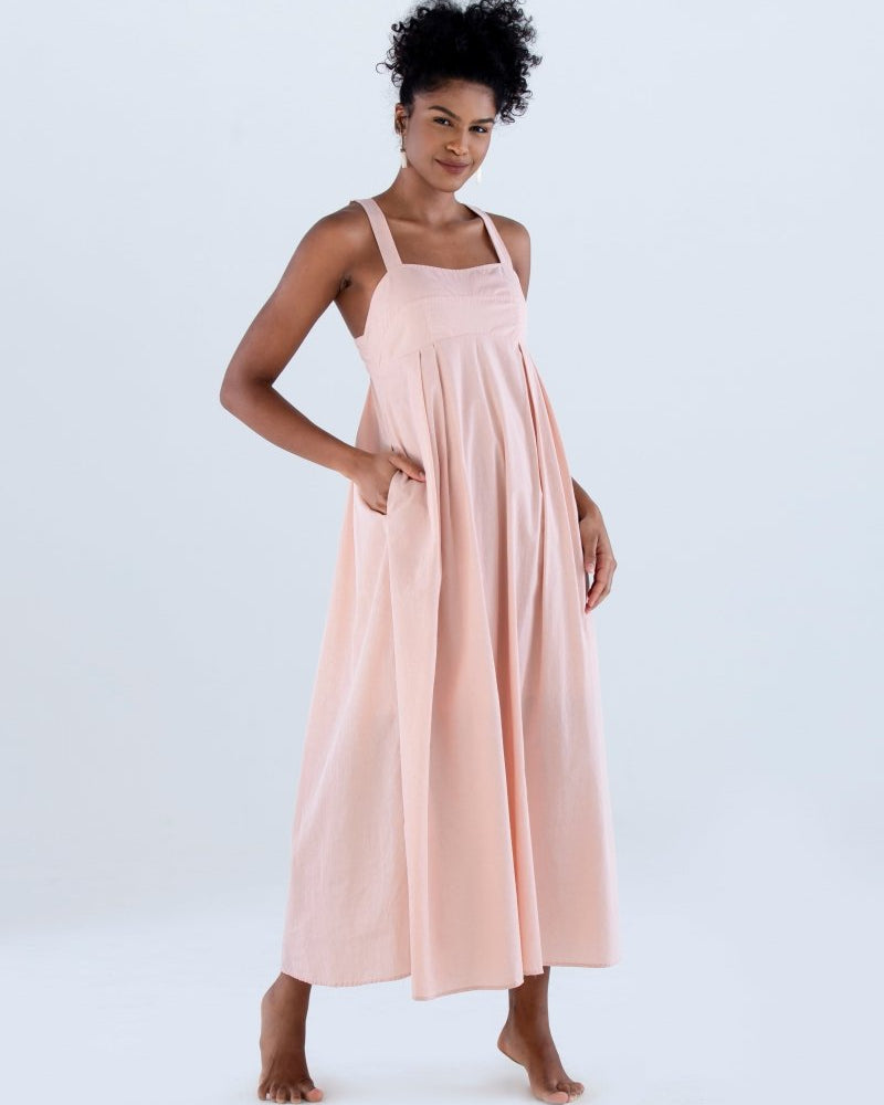 Vestido Longo com Pregas em Tricoline INSPIRAR - Villa Dharma Rouparia Consciente