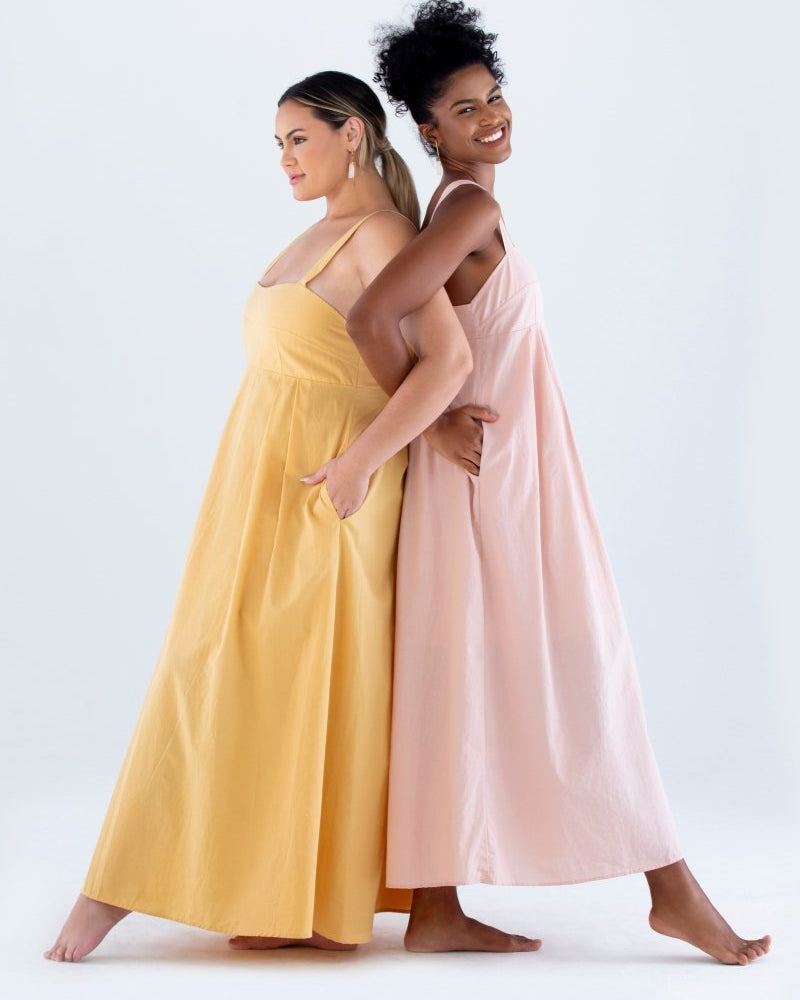 Vestido Longo com Pregas em Tricoline INSPIRAR - Villa Dharma Rouparia Consciente