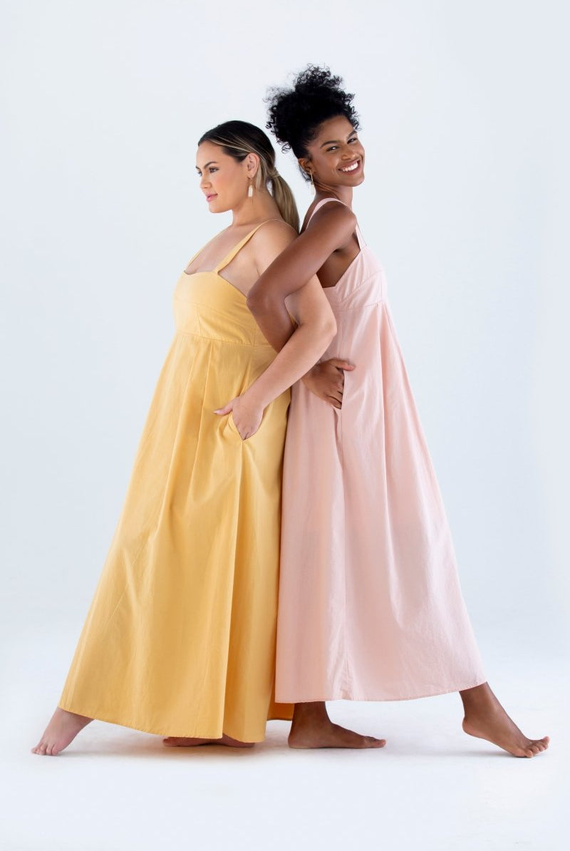 Vestido Longo com Pregas em Tricoline INSPIRAR - Villa Dharma Rouparia Consciente