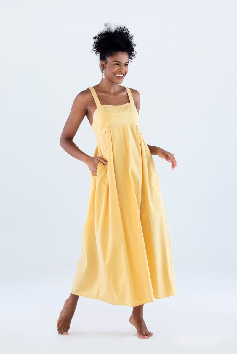 Vestido Longo com Pregas em Tricoline INSPIRAR - Villa Dharma Rouparia Consciente