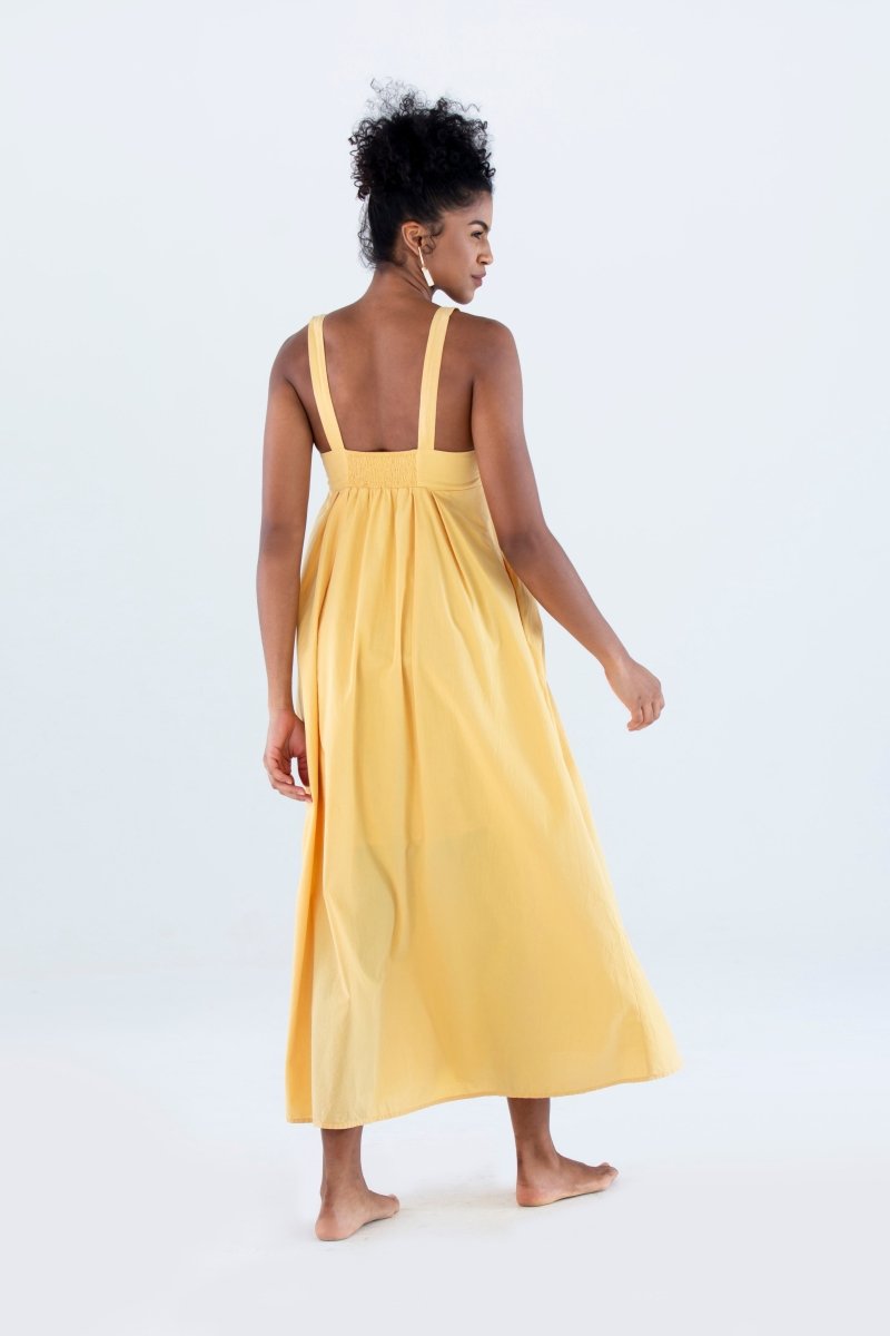 Vestido Longo com Pregas em Tricoline INSPIRAR - Villa Dharma Rouparia Consciente