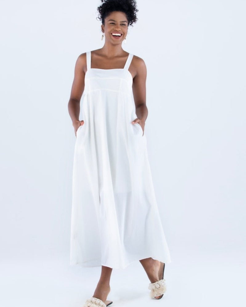 Vestido Longo com Pregas em Tricoline INSPIRAR - Villa Dharma Rouparia Consciente