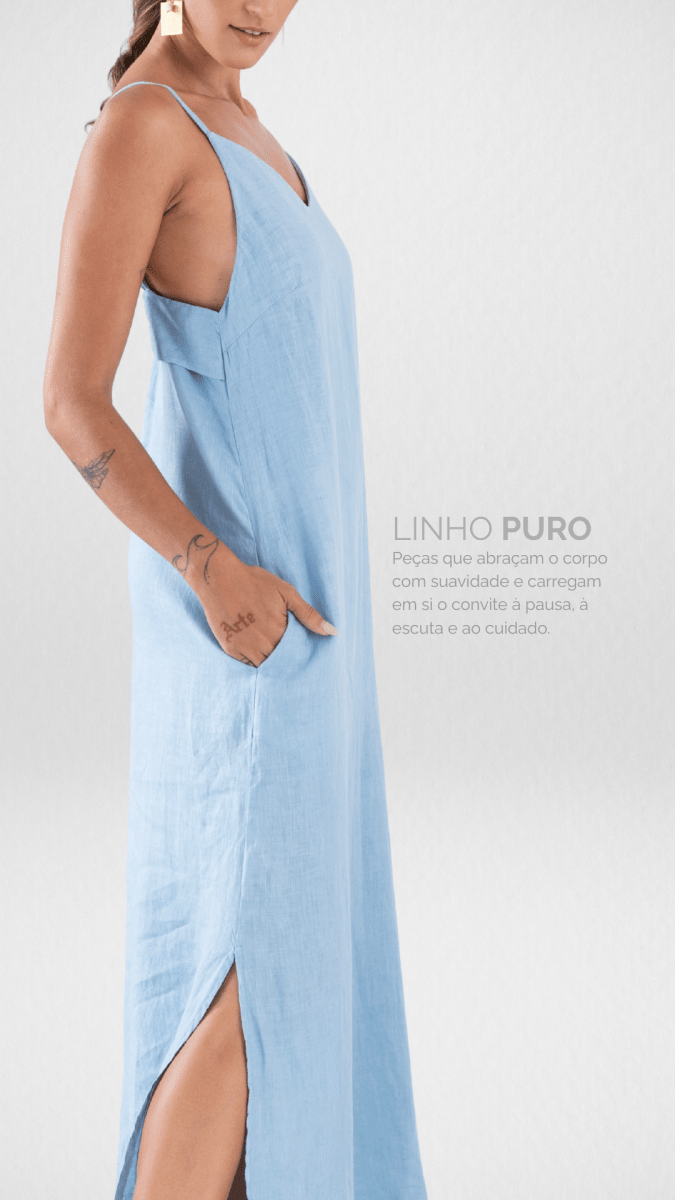 Vestido Longo em Linho com Alças Finas FLUIR - Villa Dharma Rouparia Consciente