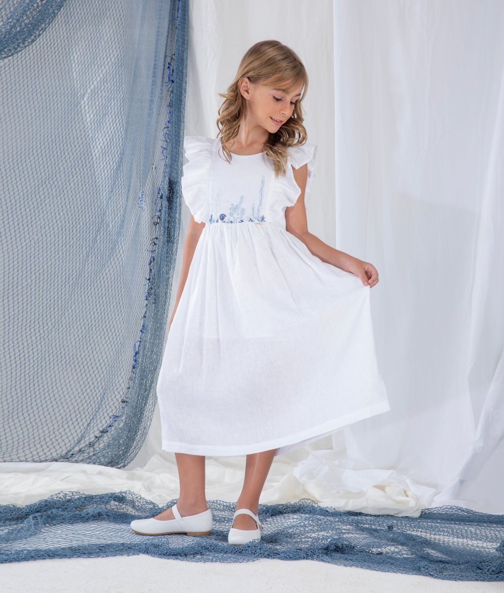 Vestido Infantil com Bordado em Linho ALGAS - Villa Dharma Rouparia Consciente