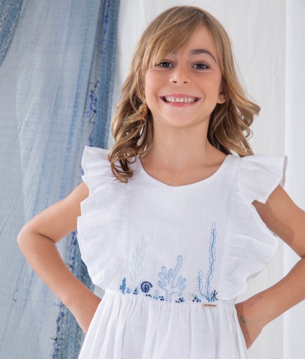 Vestido Infantil com Bordado em Linho ALGAS - Villa Dharma Rouparia Consciente