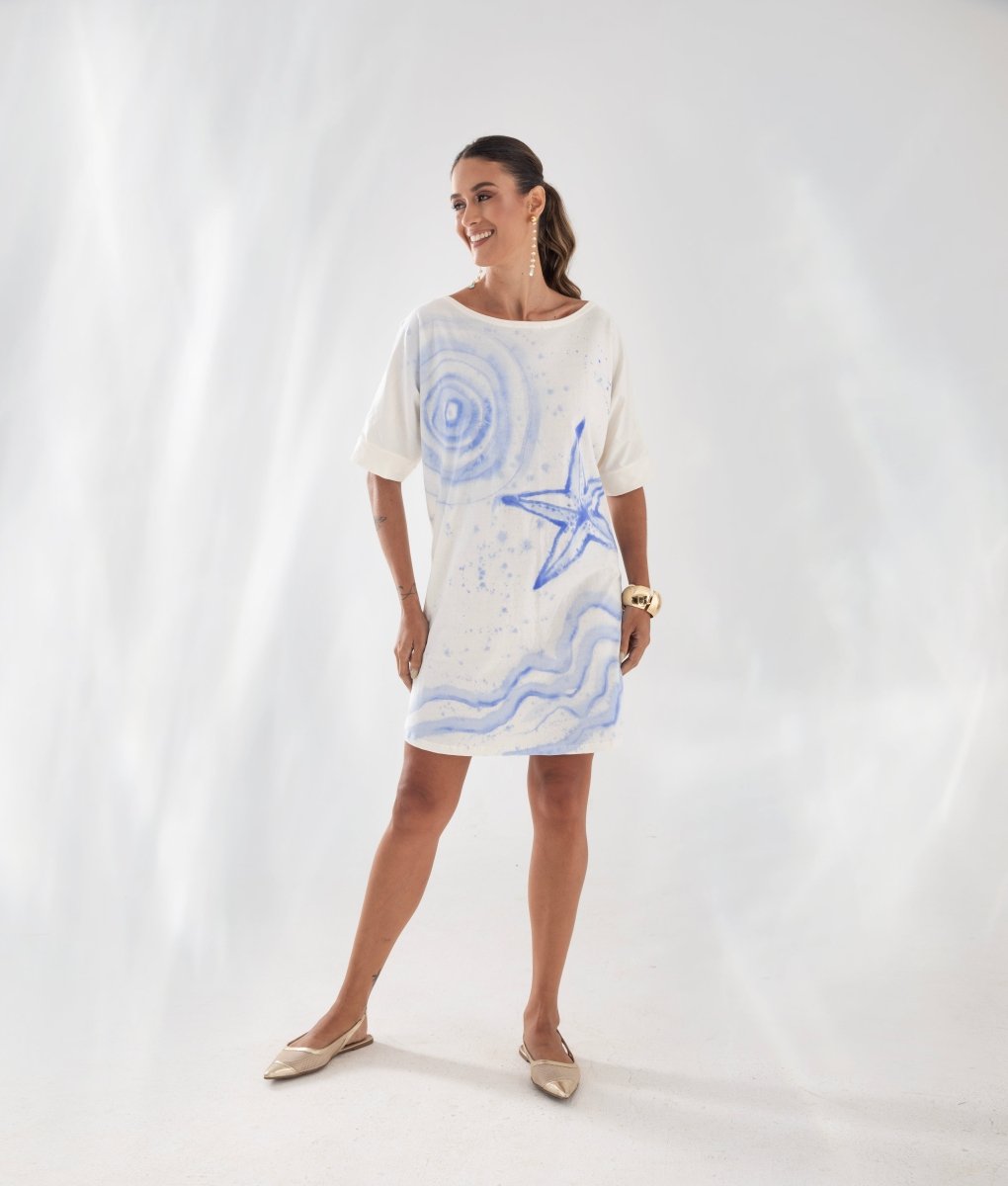 Maxi Vestido em Algodão Orgânico Pintado à Mão OCEANO - Villa Dharma Rouparia Consciente