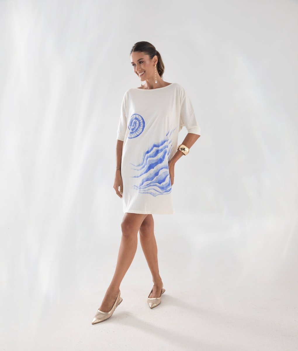 Maxi Vestido em Algodão Orgânico Pintado à Mão OCEANO - Villa Dharma Rouparia Consciente