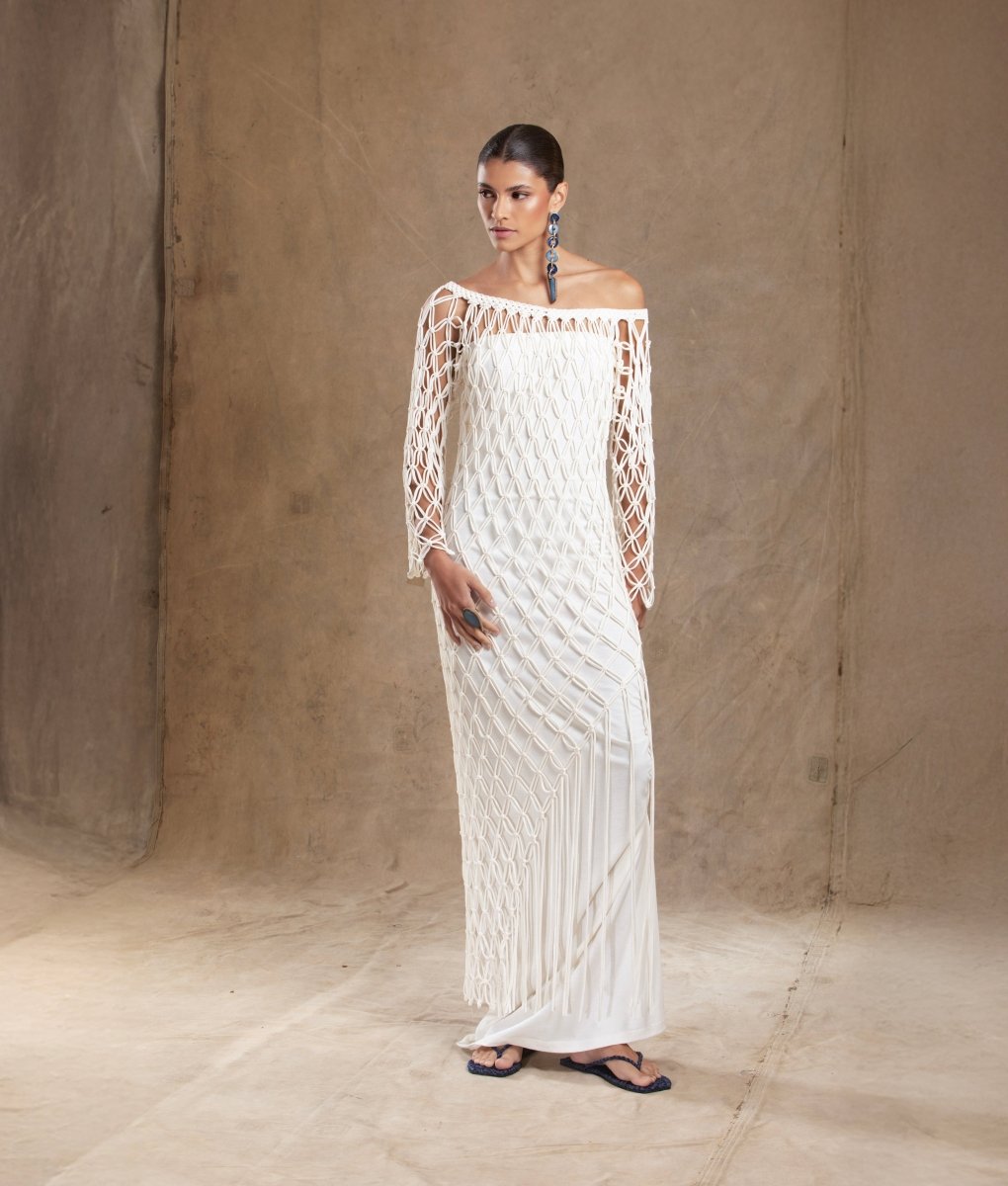 Vestido Longo Malha de Algodão Orgânico Sobreposição Macramê ENTRENÓS - Villa Dharma Rouparia Consciente