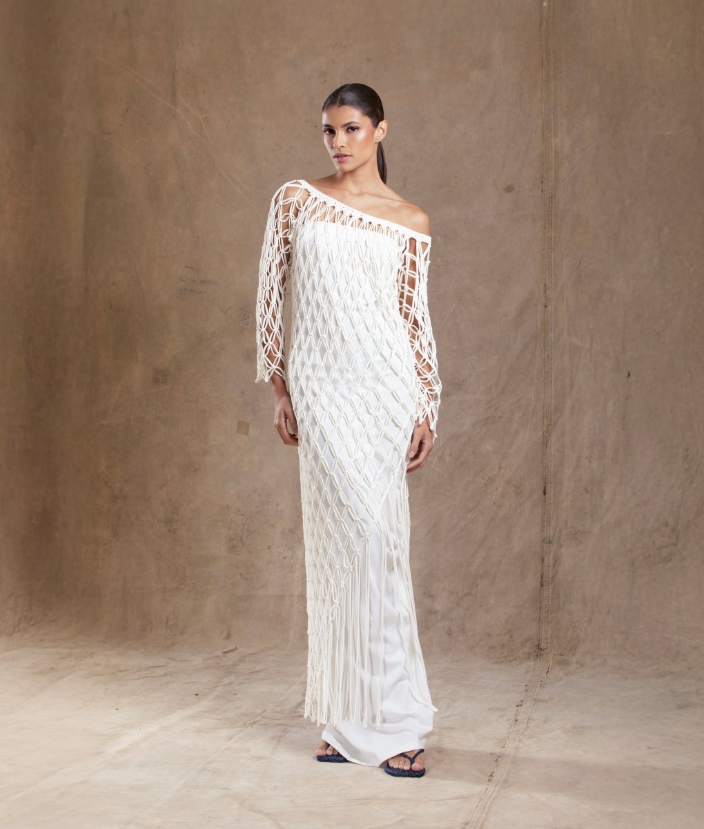 Vestido Longo Malha de Algodão Orgânico Sobreposição Macramê ENTRENÓS - Villa Dharma Rouparia Consciente